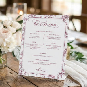 Vintage Blumige Weinrote Toile Bar Menu Hochzeit Sockelschild
