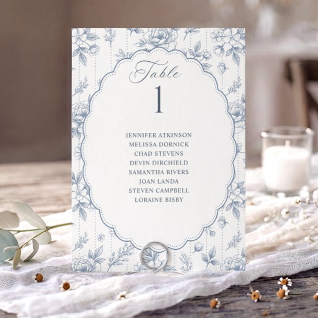 Vintage Blumiger Staubblauer Hochzeits-Sitzplan (Dusty blue French floral wedding seating chart card with oval scalloped frame.)