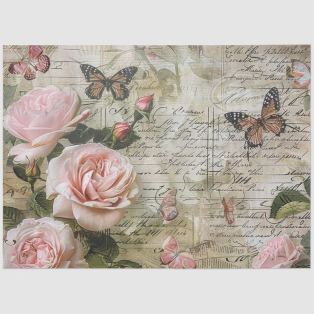 Vintage Blush Pink Rose Butterfly Decoupage Seidenpapier (Vorderseite)