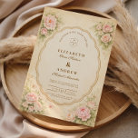 Vintage Blush Rose Garden Wedding Einladung<br><div class="desc">A romantic vintage wedding design featuring delicate watercolor blush roses blooming in the corners around an elegant scalloped frame. Set against a warm parchment background, the soft botanical details and refined typography create a timeless garden aesthetic inspired by classic European wedding stationery. The gentle pastel palette and antique floral charm...</div>