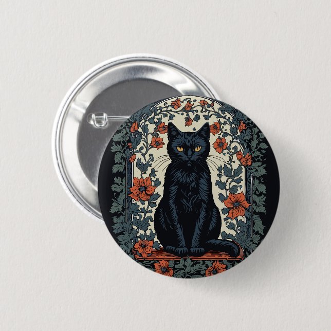 Vintage Blüte der schwarzen Katze Button (Vorne & Hinten)