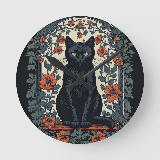 Vintage Blüte der schwarzen Katze Runde Wanduhr (Vorderseite)
