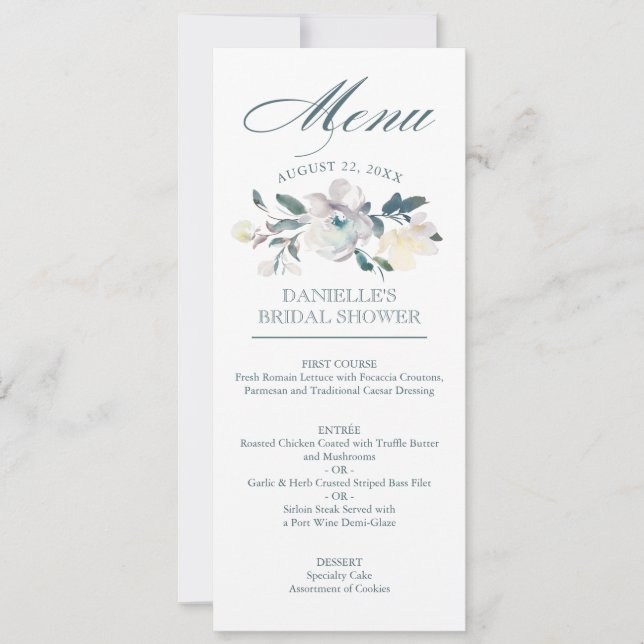 Vintage Blüten| Aquarellblume| Hochzeitsmenü Einladung (Vorderseite)