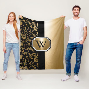 Vintage Blüten in Schwarz und Golden Fleecedecke
