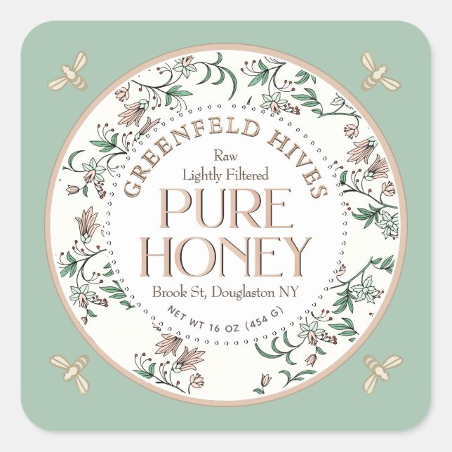 Vintage Blütendruckbienen Frühlingsgraue Honig Quadratischer Aufkleber (Vorderseite)