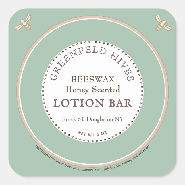 Vintage Blütendruckbienen Grüne Lotion Bar Quadratischer Aufkleber (Vorderseite)