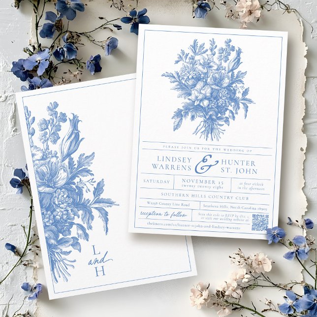 Vintage Blütenpracht Blauer Garten Hochzeit Einladung (Vintage floral bouquet botanical romantic simple QR code boho chic French Blue wedding invitation)