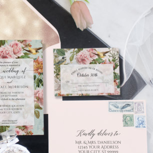 Vintage Blütenrot Rosa Gelbe Vögel Hochzeit RSVP Karte