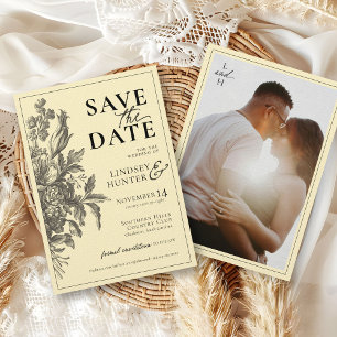 Vintage Blütenschwarz und Butter Gelbe Foto Hochze Save The Date