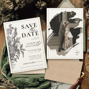 Vintage Blütenschwarz- und Ecru-Botanische Hochzei Save The Date