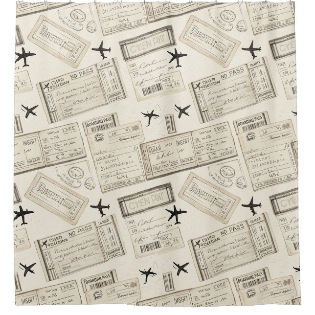 Vintage-Boarding-Pass-Reisemuster Duschvorhang (Vorderseite)