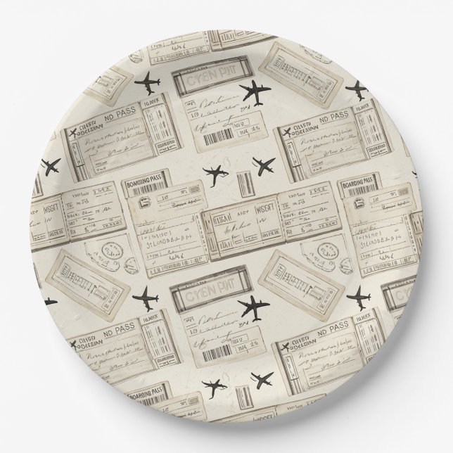 Vintage-Boarding-Pass-Reisemuster Pappteller (Vorderseite)