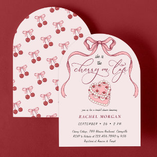 Vintage-Bogen-Kirsche-auf-dem-Torte-Rosa-Brautjung Einladung