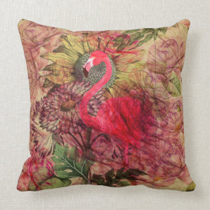 Vintage-bohemian Blumen tropischer rosa Flamingo Kissen