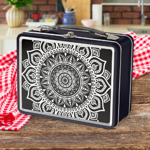 Vintage-Boho-Blumenmuster in Weiß mit Mandala-Desi Metall Brotdose