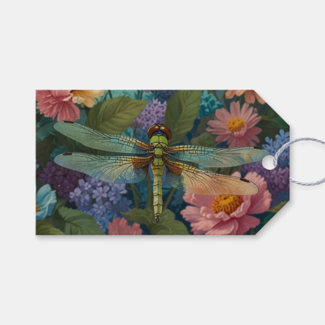 Vintage Boho Chic Pastell Blumen Garten Libelle  Geschenkanhänger (Vorderseite (Horizontal))
