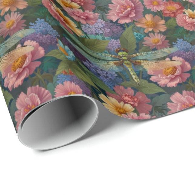 Vintage Boho-Chic Pastell-Blumen-Garten-Libelle Geschenkpapier (Rolleneckpunkt)