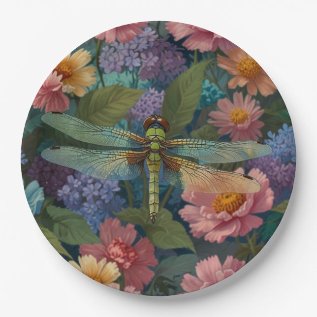 Vintage Boho-Chic Pastell-Blumen-Garten-Libelle  Pappteller (Vorderseite)