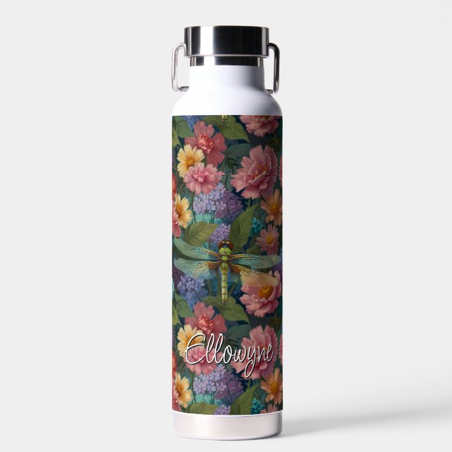 Vintage Boho-Chic Pastell-Blumen-Garten-Libelle Trinkflasche (Vorne)