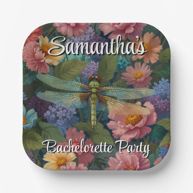 Vintage Boho-Chic-Pastell-Blumen-Libellen-Party Pappteller (Vorderseite)