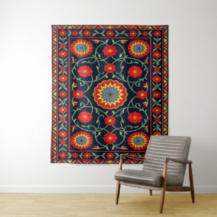 Vintage-Boho-Karmesinrot-Folklore-Kunst-Blumen-Tep Wandteppich