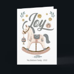 Vintage Boho Rocking Horse Earth Tones Joy  Feiertagskarte<br><div class="desc">Celebrate the season with this charming boho Christmas card featuring a vintage-inspired rocking horse illustrated in soft earthy tones. Accented with gold snowflakes, greenery, and a gift box, this whimsical design brings a warm, modern touch to holiday greetings. Personalized with your family name and year, it’s the perfect card for...</div>