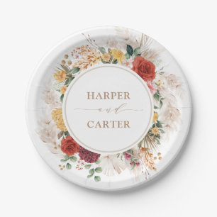 Vintage Boho Tropical Pampas Grass Floral Wedding Pappteller