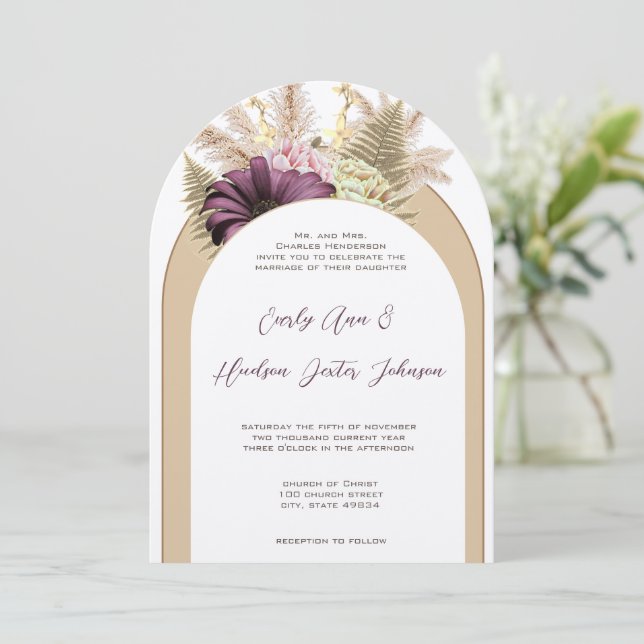 Vintage Boho Wildblume Fern Lila Gelbe Blüte Einladung (Stehend Vorderseite)