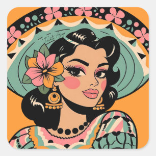 Vintage Bonita Fiesta Frau Mariachi  Quadratischer Aufkleber
