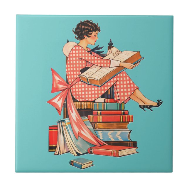 Vintage Book Lover Reading Illustration Fliese (Vorderseite)