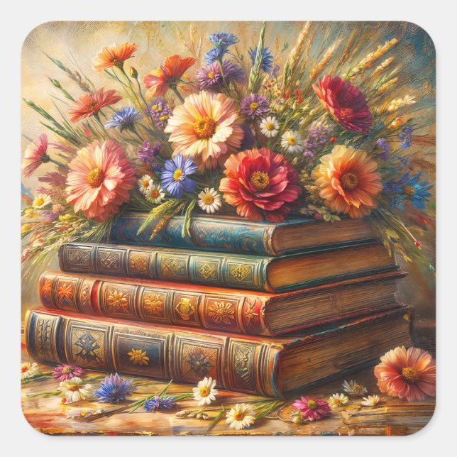 Vintage Book Stack Floral Art Quadratischer Aufkleber (Vorderseite)