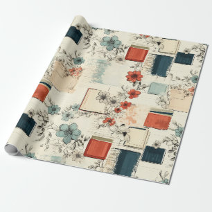 Vintage Books Coral Teal Florales Scrapbook Geschenkpapier