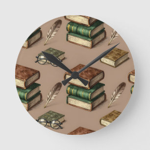 Vintage-Books-Feather-Brillen-Muster Runde Wanduhr