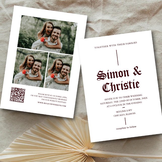 Vintage-Bordeaux-Fotocollage QR-Code Hochzeit Einladung (Vintage burgundy photo collage QR code invitation blends memories with seamless wedding details.)