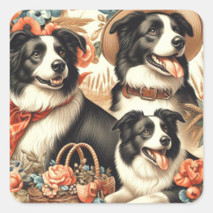 Vintage Border Collie Malerei Quadratischer Aufkleber