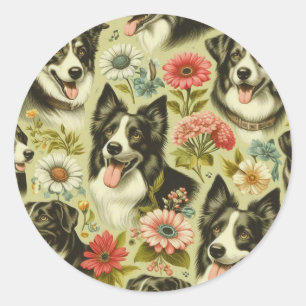Vintage Border Collie Malerei Runder Aufkleber
