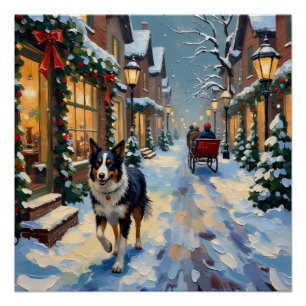 Vintage Border Collie Schnee Dorf Weihnachten Poster