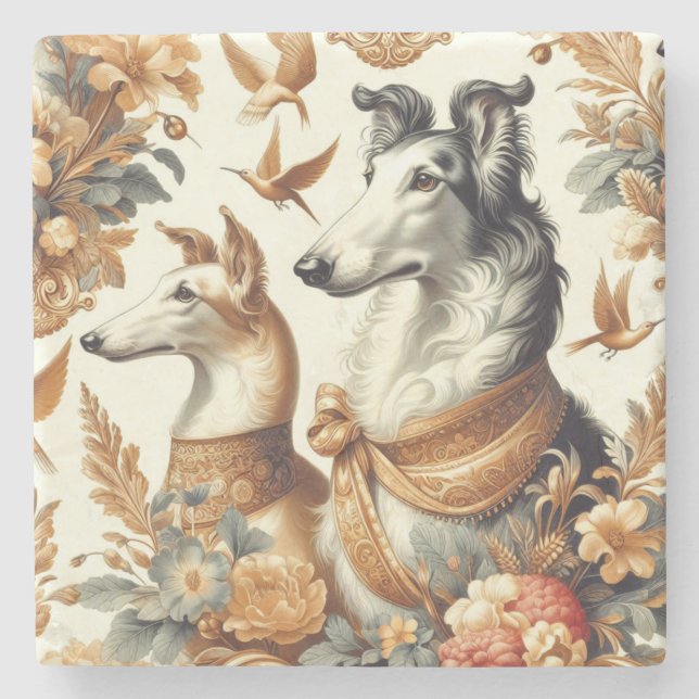 Vintage Borzoi-Hunde-Illustration Steinuntersetzer (Vorderseite)