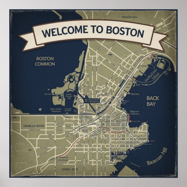Vintage Boston-Karte, Willkommen in Boston Poster (Vorne)