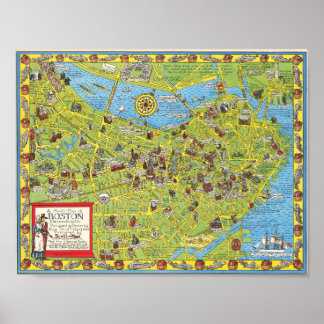 Vintage Boston Pictorial Map Poster 1955