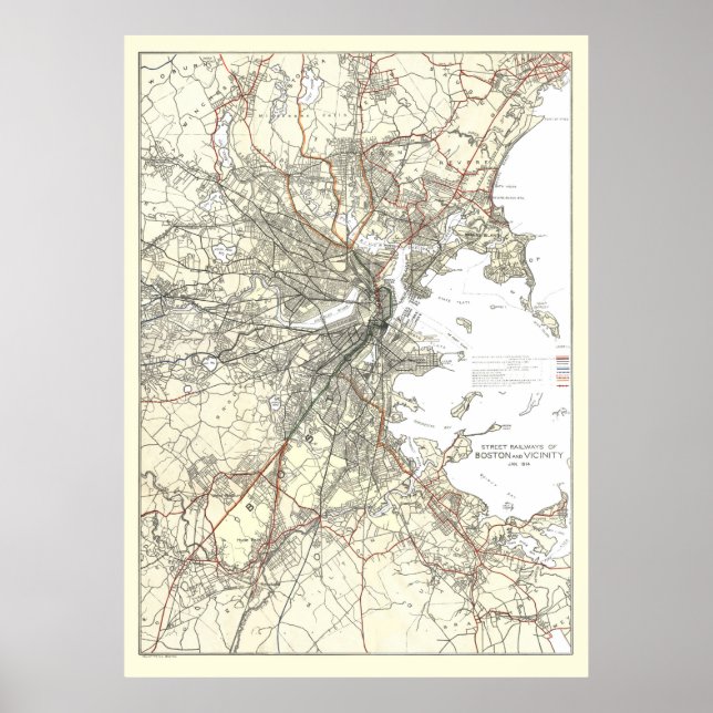 Vintage Boston Transit Line Map (1914) Poster (Vorne)