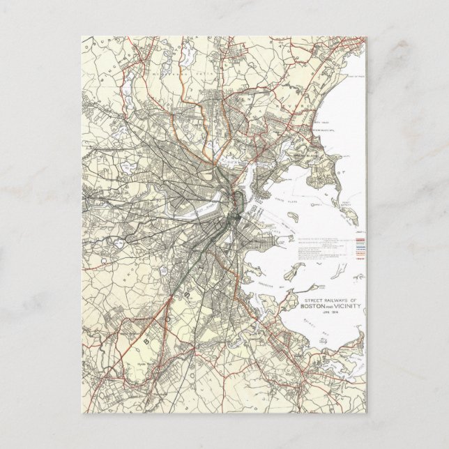 Vintage Boston Transit Line Map (1914) Postkarte (Vorderseite)