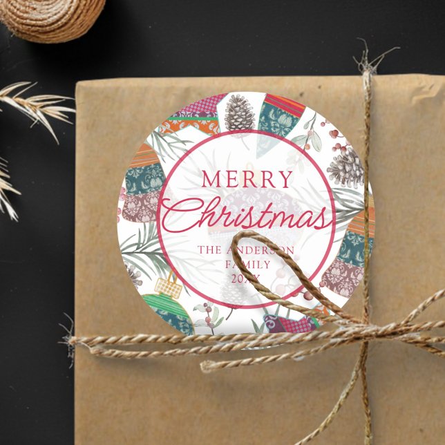 Vintage Botancial Red Frohe Weihnachten Runder Aufkleber (Von Creator hochgeladen)