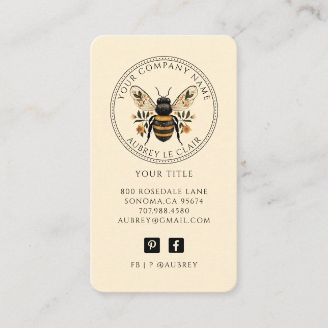 Vintage Botanical Bee Logo Template Visitenkarte (Vorderseite)