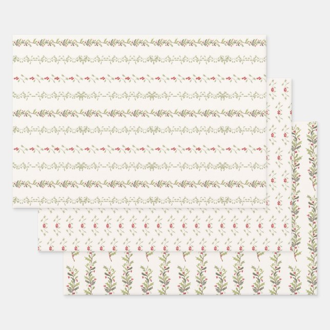 Vintage Botanical Christmas Red Berry Garland Geschenkpapier Set (Set)