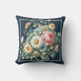 Vintage Botanical Floral Pastel on Dark Blue Kissen