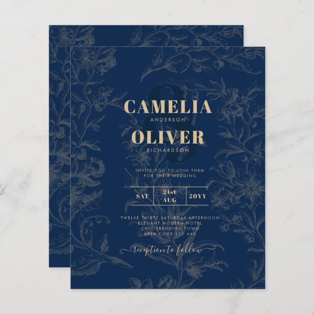 Vintage BOTANICAL Navy Blue Gold Hochzeit (Vorne/Hinten)