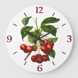 Vintage Botanical Red Cherries Print Große Wanduhr