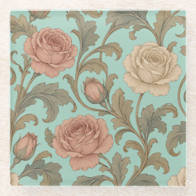 Vintage Botanical Rose Glasuntersetzer (Vorderseite)