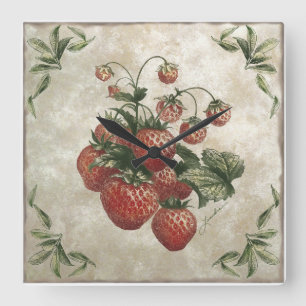 Vintage Botanical Rustic Strawberries  Quadratische Wanduhr